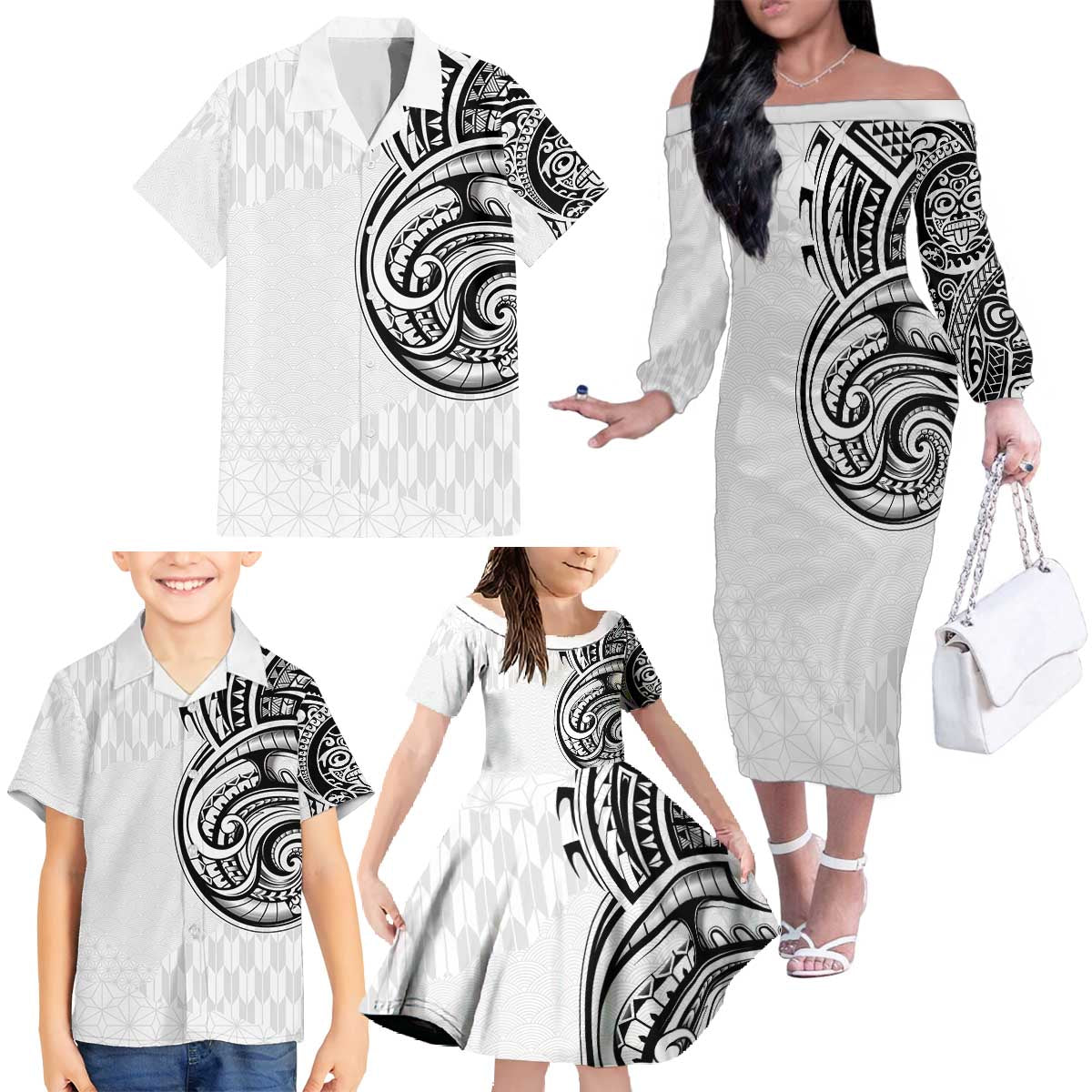Hawaii and Japanese Culture Personalised Family Matching Off The Shoulder Long Sleeve Dress and Hawaiian Shirt With Polynesian Tribal Tattoo Style LT9 - Polynesian Pride