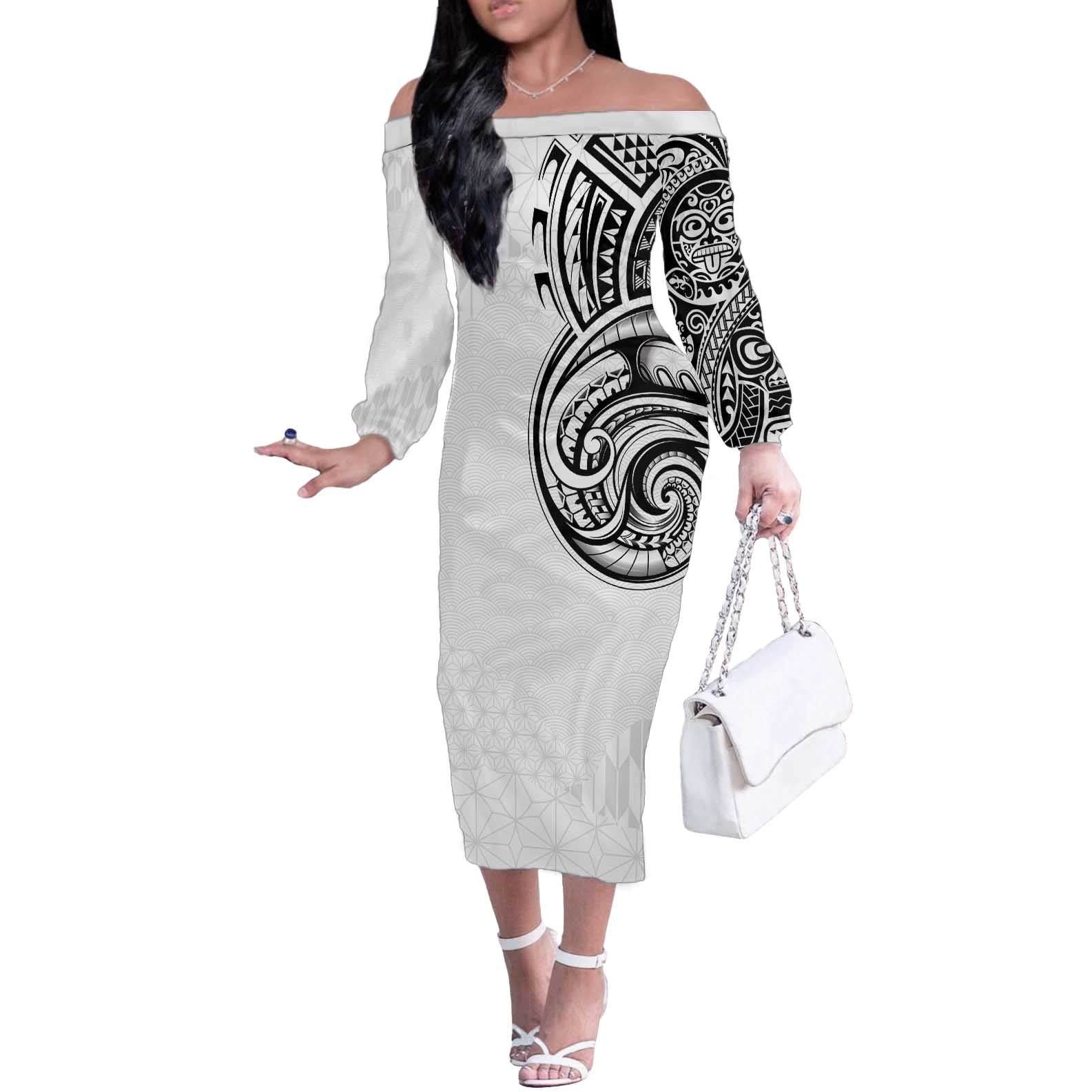 Hawaii and Japanese Culture Personalised Off The Shoulder Long Sleeve Dress With Polynesian Tribal Tattoo Style
