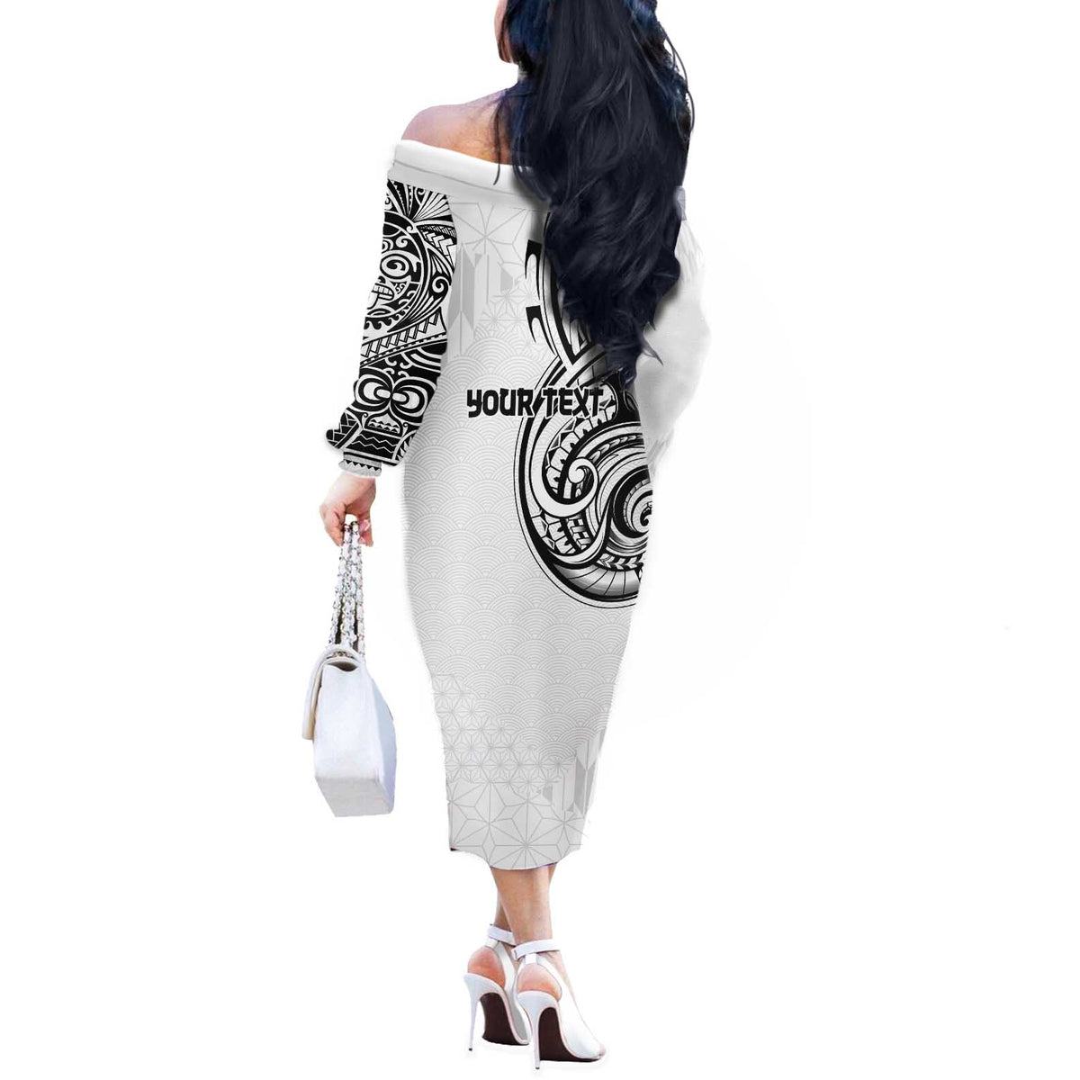 Hawaii and Japanese Culture Personalised Off The Shoulder Long Sleeve Dress With Polynesian Tribal Tattoo Style