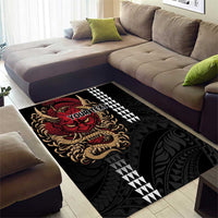 Hawaii and Japanese Oni Mask Personalised Area Rug Kakau Pattern Dark Art Style