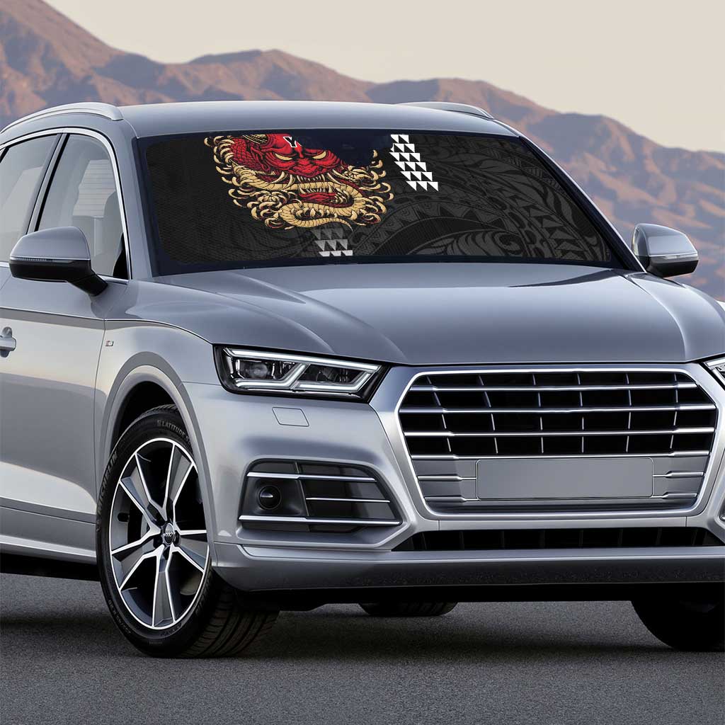 Hawaii and Japanese Oni Mask Personalised Auto Sun Shade Kakau Pattern Dark Art Style - Polynesian Pride