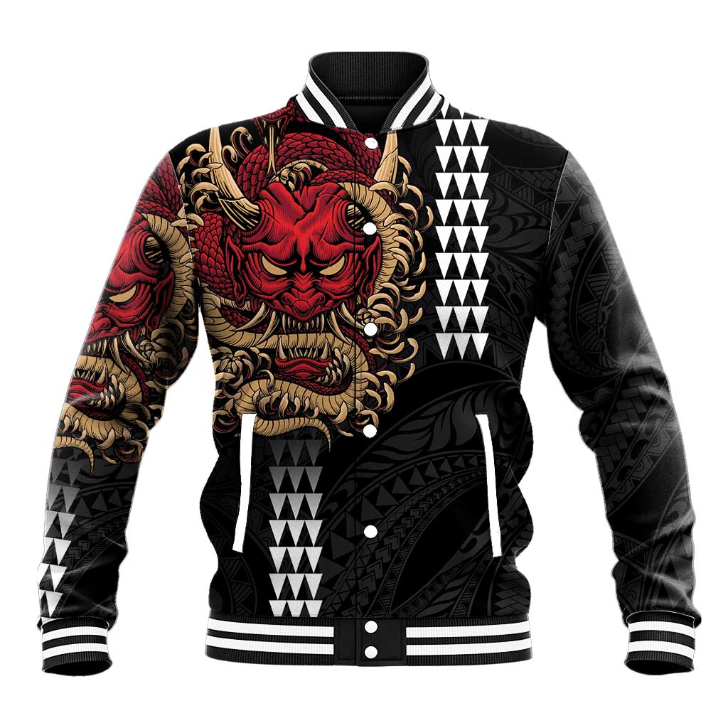 Hawaii and Japanese Oni Mask Personalised Baseball Jacket Kakau Pattern Dark Art Style
