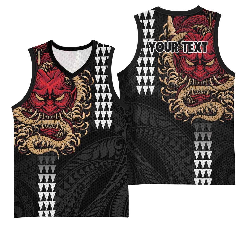 Hawaii and Japanese Oni Mask Personalised Basketball Jersey Kakau Pattern Dark Art Style - Polynesian Pride