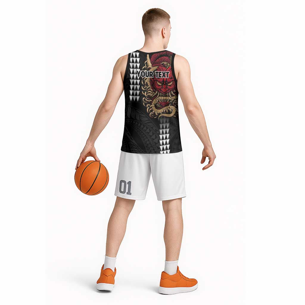 Hawaii and Japanese Oni Mask Personalised Basketball Jersey Kakau Pattern Dark Art Style - Polynesian Pride