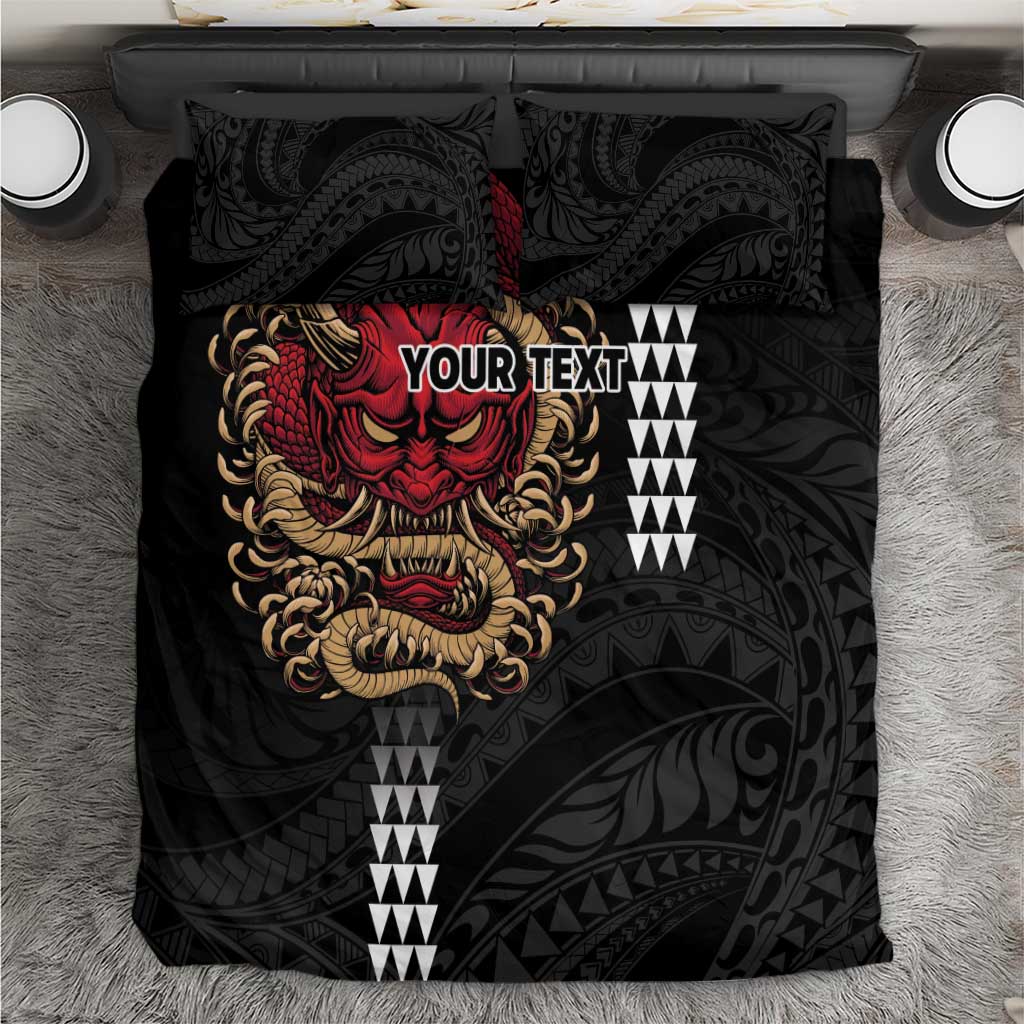 Hawaii and Japanese Oni Mask Personalised Bedding Set Kakau Pattern Dark Art Style
