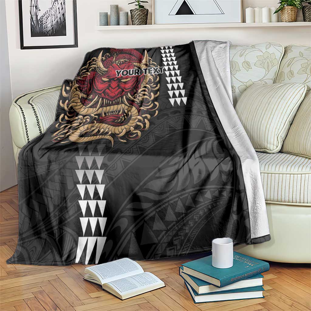 Hawaii and Japanese Oni Mask Personalised Blanket Kakau Pattern Dark Art Style