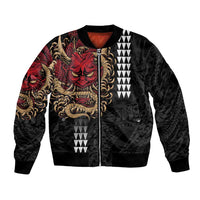 Hawaii and Japanese Oni Mask Personalised Bomber Jacket Kakau Pattern Dark Art Style