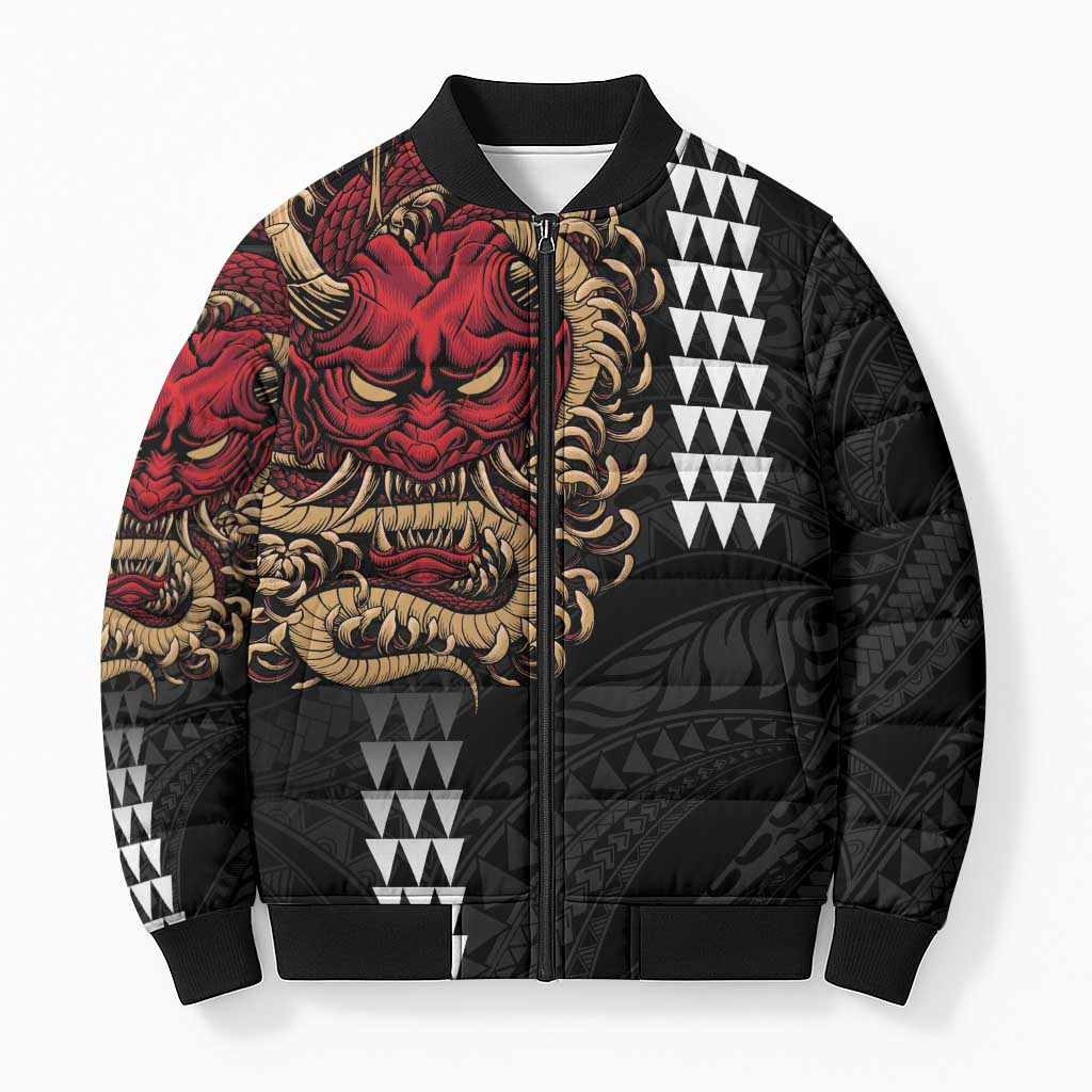 Hawaii and Japanese Oni Mask Personalised Bomber Puffer Jacket Kakau Pattern Dark Art Style - Polynesian Pride