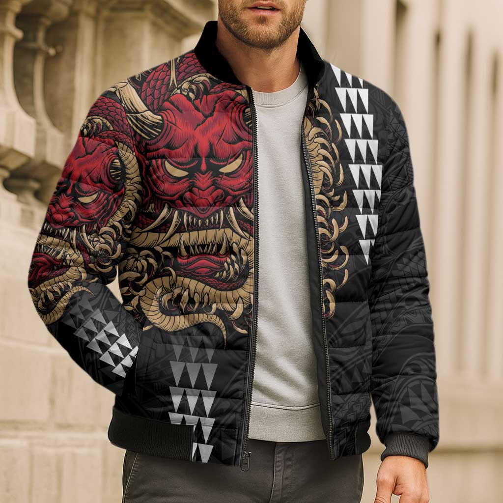 Hawaii and Japanese Oni Mask Personalised Bomber Puffer Jacket Kakau Pattern Dark Art Style - Polynesian Pride