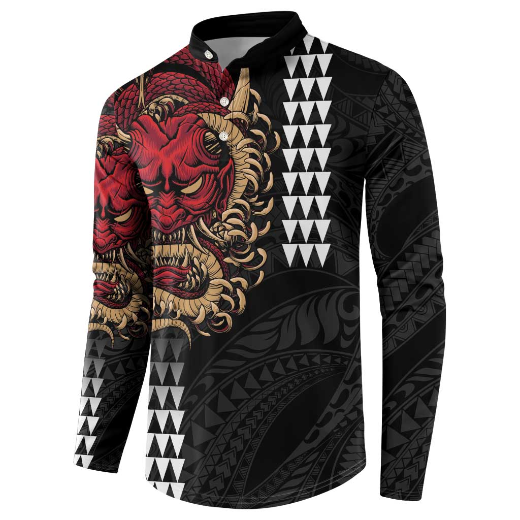 Hawaii and Japanese Oni Mask Personalised Button Sweatshirt Kakau Pattern Dark Art Style