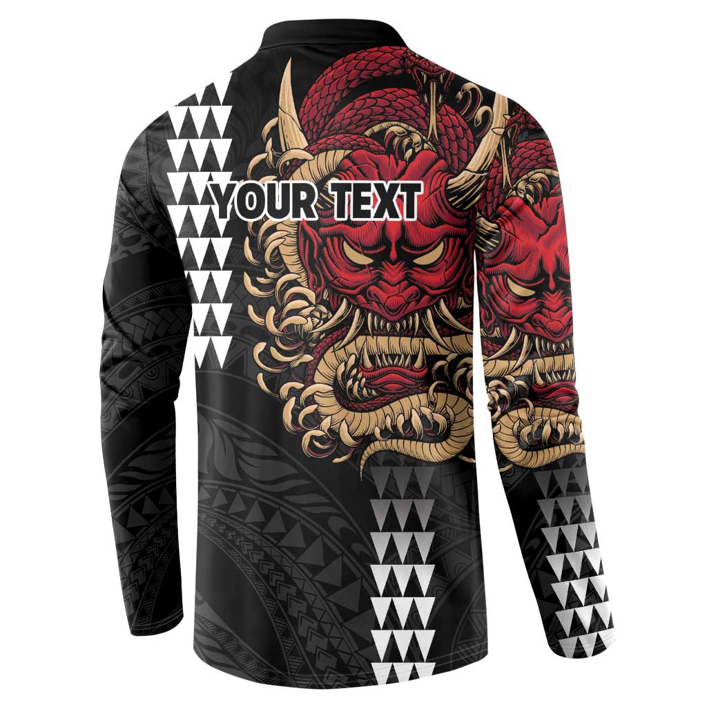 Hawaii and Japanese Oni Mask Personalised Button Sweatshirt Kakau Pattern Dark Art Style