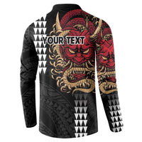 Hawaii and Japanese Oni Mask Personalised Button Sweatshirt Kakau Pattern Dark Art Style