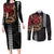 Hawaii and Japanese Oni Mask Personalised Couples Matching Long Sleeve Bodycon Dress and Long Sleeve Button Shirt Kakau Pattern Dark Art Style