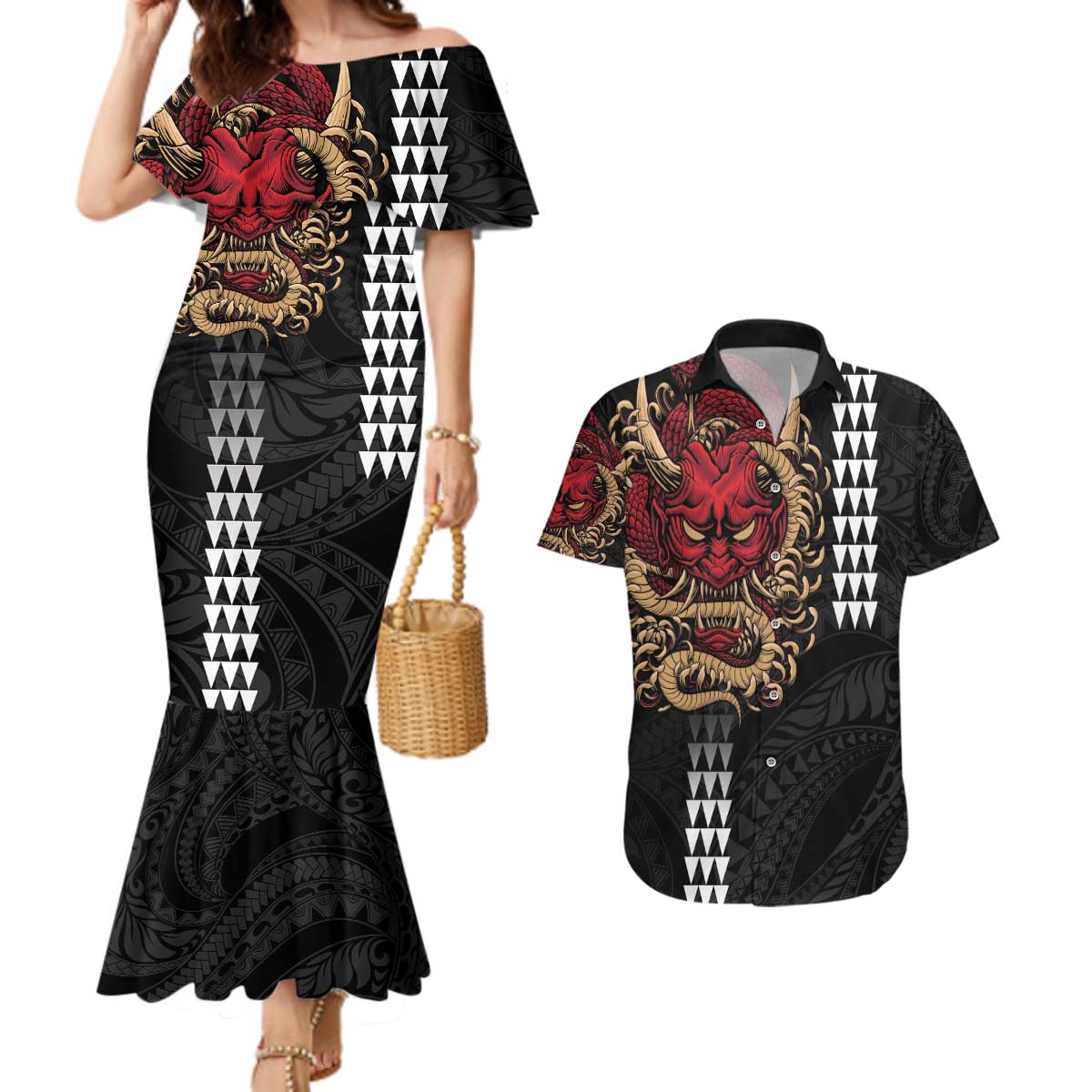 Hawaii and Japanese Oni Mask Personalised Couples Matching Mermaid Dress and Hawaiian Shirt Kakau Pattern Dark Art Style