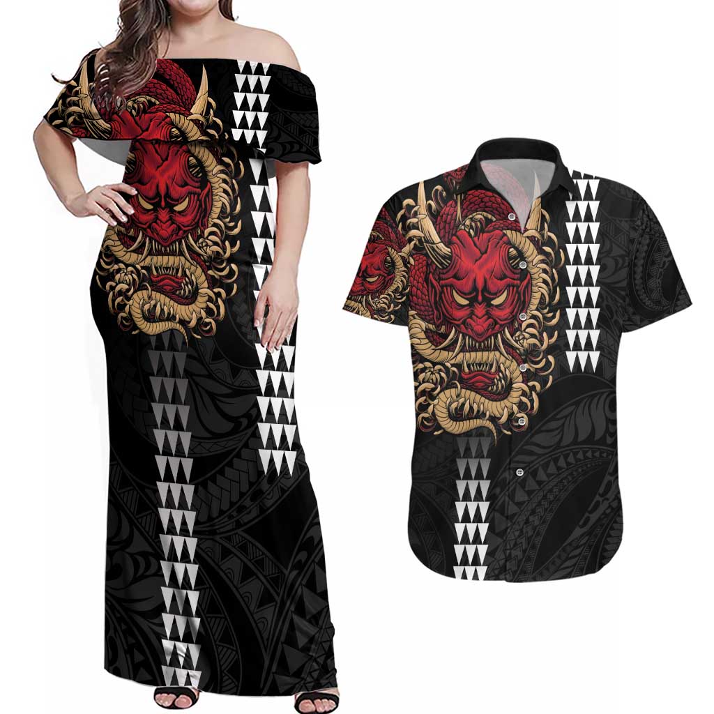 Hawaii and Japanese Oni Mask Personalised Couples Matching Off Shoulder Maxi Dress and Hawaiian Shirt Kakau Pattern Dark Art Style