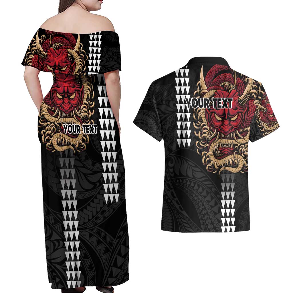Hawaii and Japanese Oni Mask Personalised Couples Matching Off Shoulder Maxi Dress and Hawaiian Shirt Kakau Pattern Dark Art Style