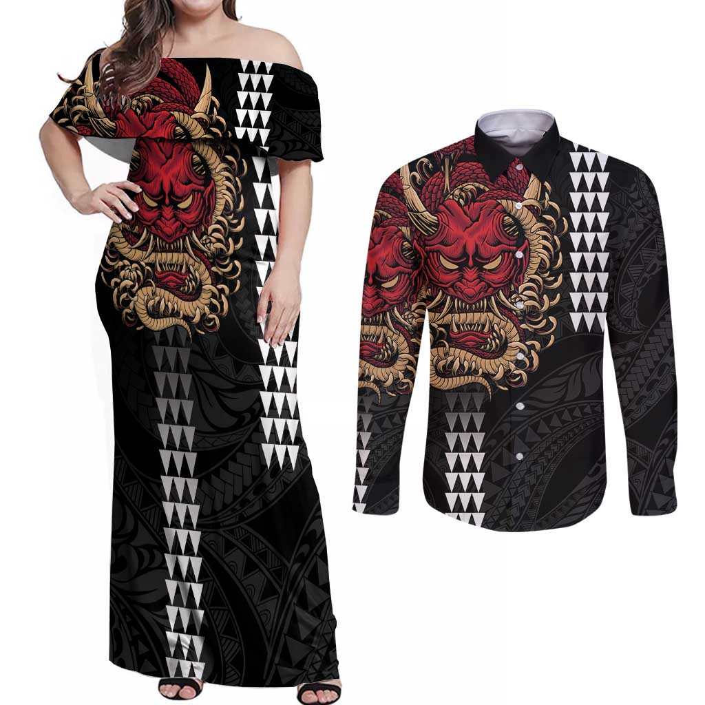 Hawaii and Japanese Oni Mask Personalised Couples Matching Off Shoulder Maxi Dress and Long Sleeve Button Shirt Kakau Pattern Dark Art Style