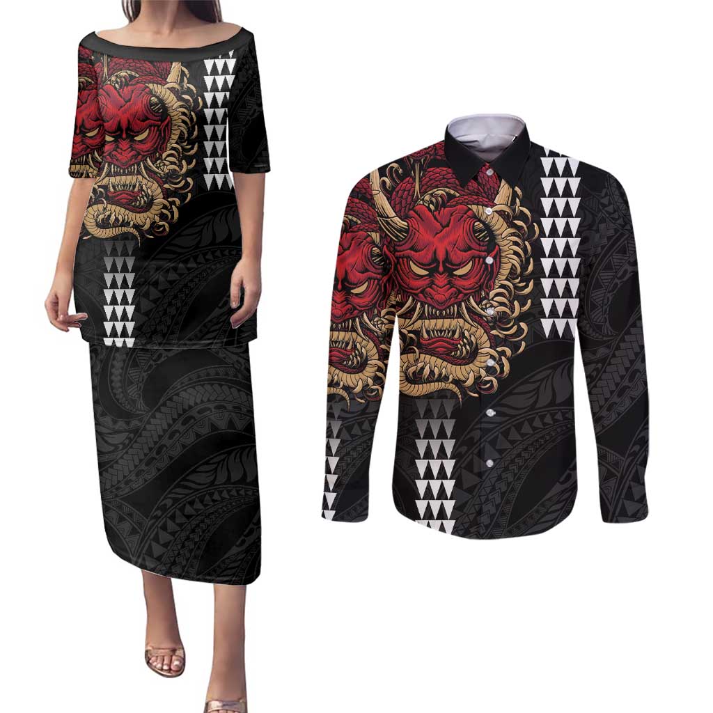 Hawaii and Japanese Oni Mask Personalised Couples Matching Puletasi and Long Sleeve Button Shirt Kakau Pattern Dark Art Style