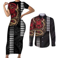 Hawaii and Japanese Oni Mask Personalised Couples Matching Short Sleeve Bodycon Dress and Long Sleeve Button Shirt Kakau Pattern Dark Art Style