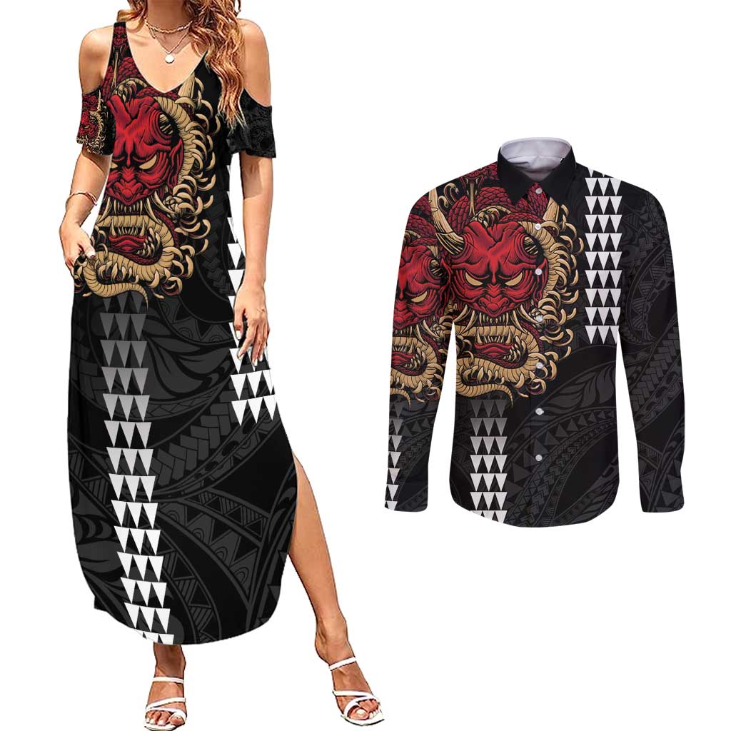 Hawaii and Japanese Oni Mask Personalised Couples Matching Summer Maxi Dress and Long Sleeve Button Shirt Kakau Pattern Dark Art Style