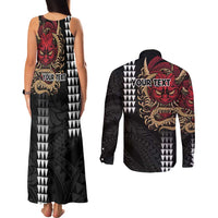 Hawaii and Japanese Oni Mask Personalised Couples Matching Tank Maxi Dress and Long Sleeve Button Shirt Kakau Pattern Dark Art Style