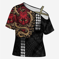 Hawaii and Japanese Oni Mask Personalised Cross Shoulder Shirt Kakau Pattern Dark Art Style - Polynesian Pride