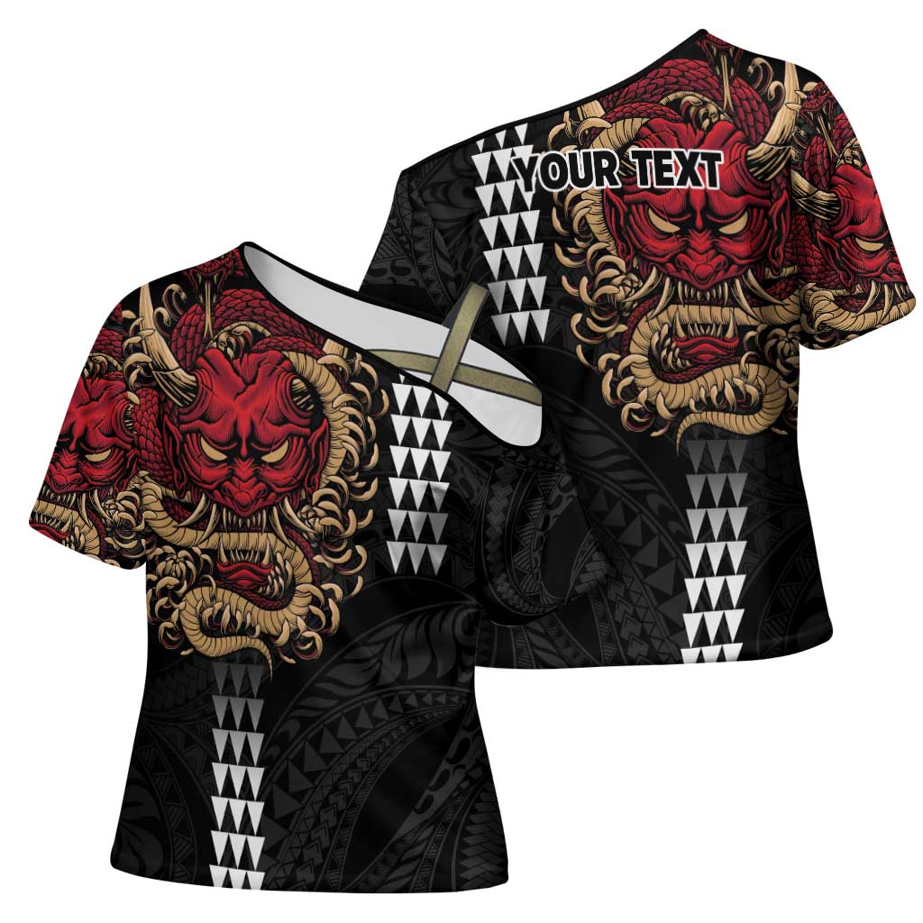Hawaii and Japanese Oni Mask Personalised Cross Shoulder Shirt Kakau Pattern Dark Art Style - Polynesian Pride
