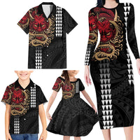 Hawaii and Japanese Oni Mask Personalised Family Matching Long Sleeve Bodycon Dress and Hawaiian Shirt Kakau Pattern Dark Art Style