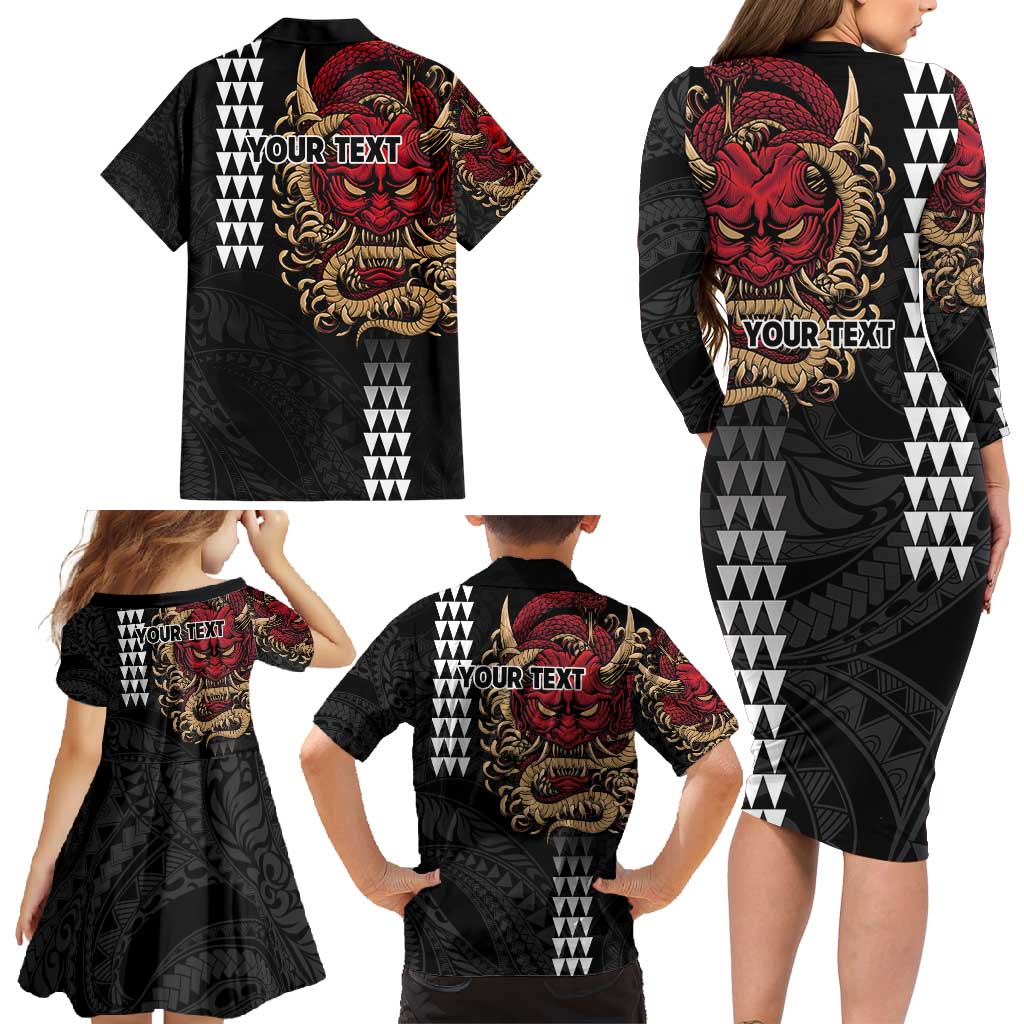 Hawaii and Japanese Oni Mask Personalised Family Matching Long Sleeve Bodycon Dress and Hawaiian Shirt Kakau Pattern Dark Art Style