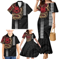 Hawaii and Japanese Oni Mask Personalised Family Matching Mermaid Dress and Hawaiian Shirt Kakau Pattern Dark Art Style