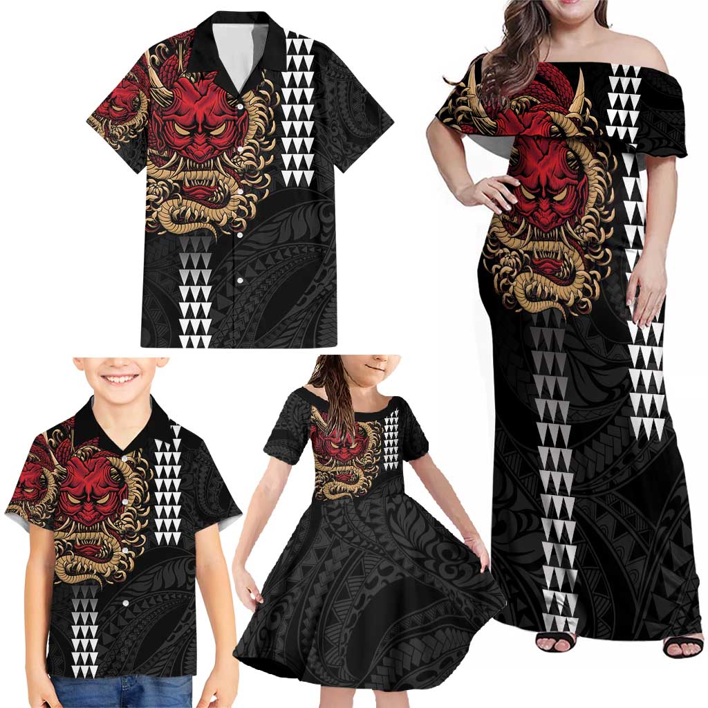 Hawaii and Japanese Oni Mask Personalised Family Matching Off Shoulder Maxi Dress and Hawaiian Shirt Kakau Pattern Dark Art Style