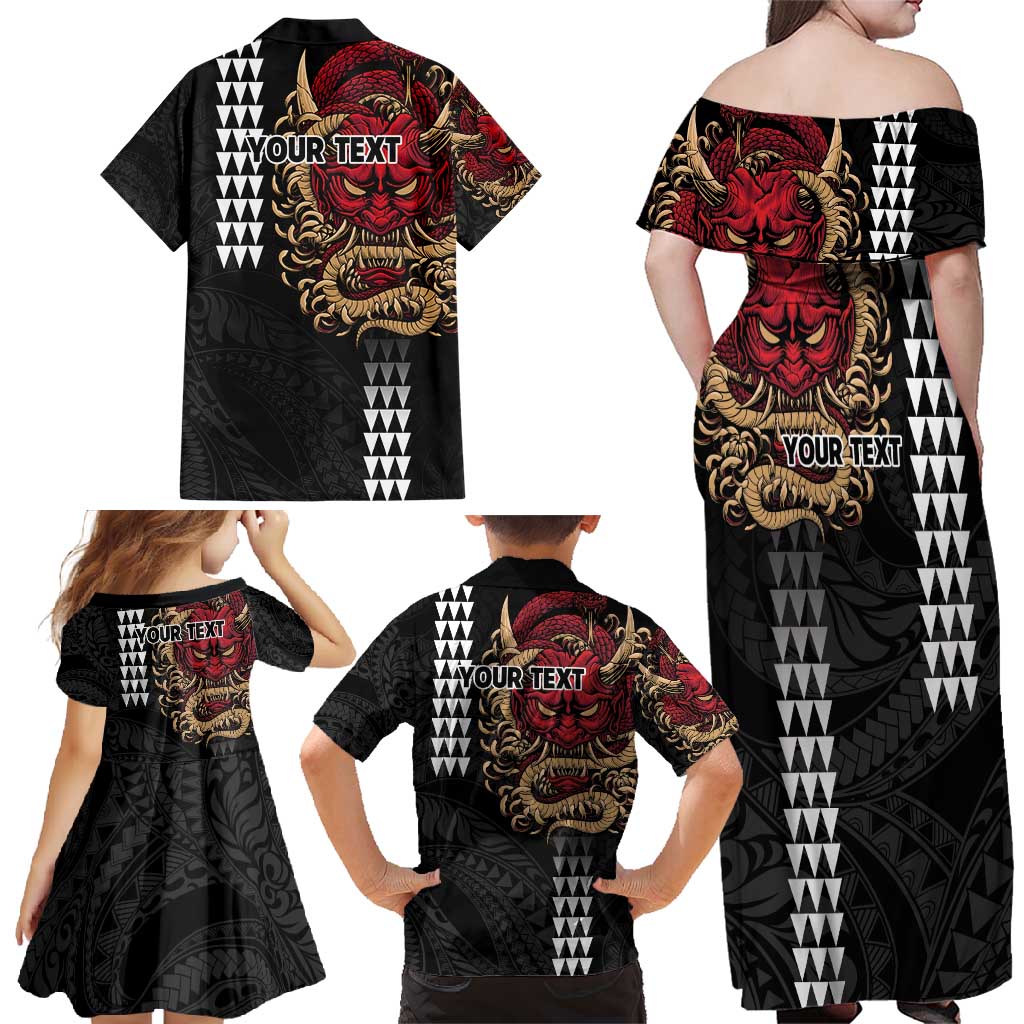 Hawaii and Japanese Oni Mask Personalised Family Matching Off Shoulder Maxi Dress and Hawaiian Shirt Kakau Pattern Dark Art Style