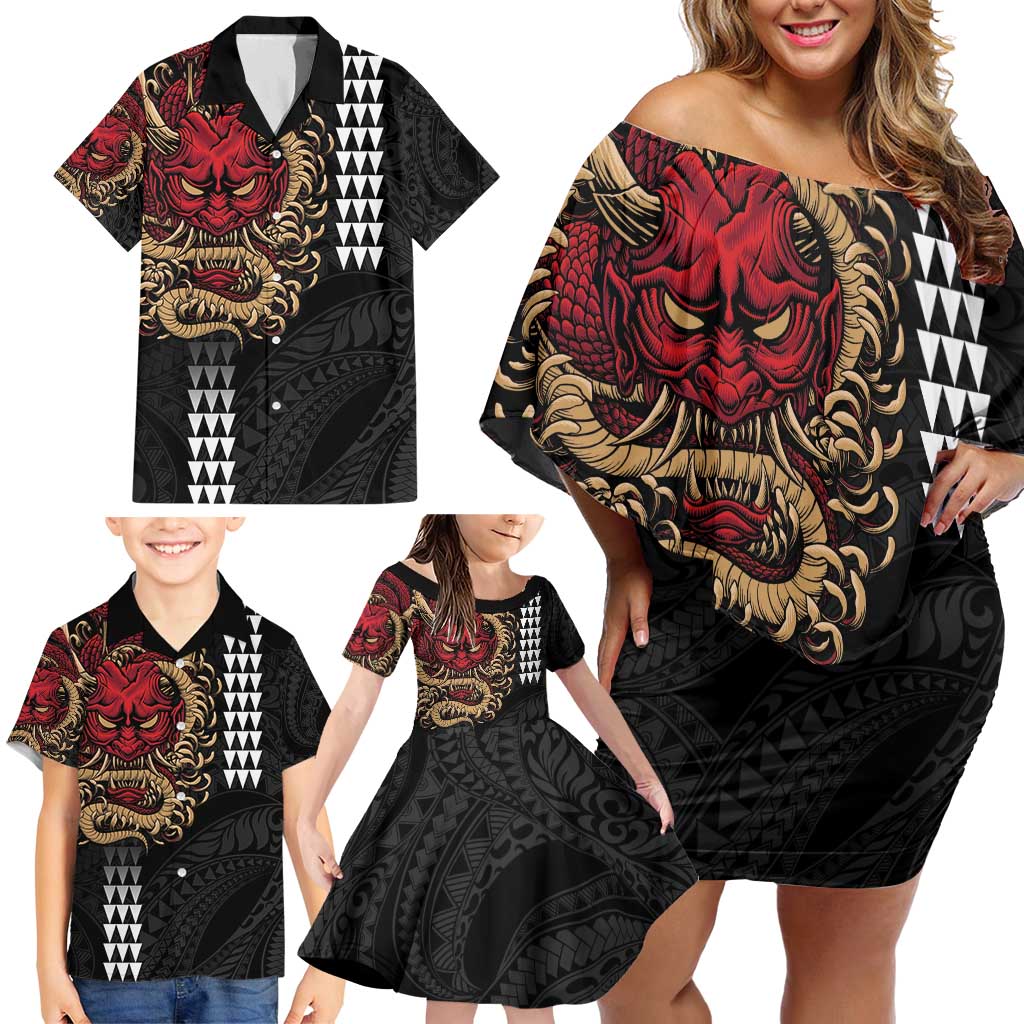 Hawaii and Japanese Oni Mask Personalised Family Matching Off Shoulder Short Dress and Hawaiian Shirt Kakau Pattern Dark Art Style