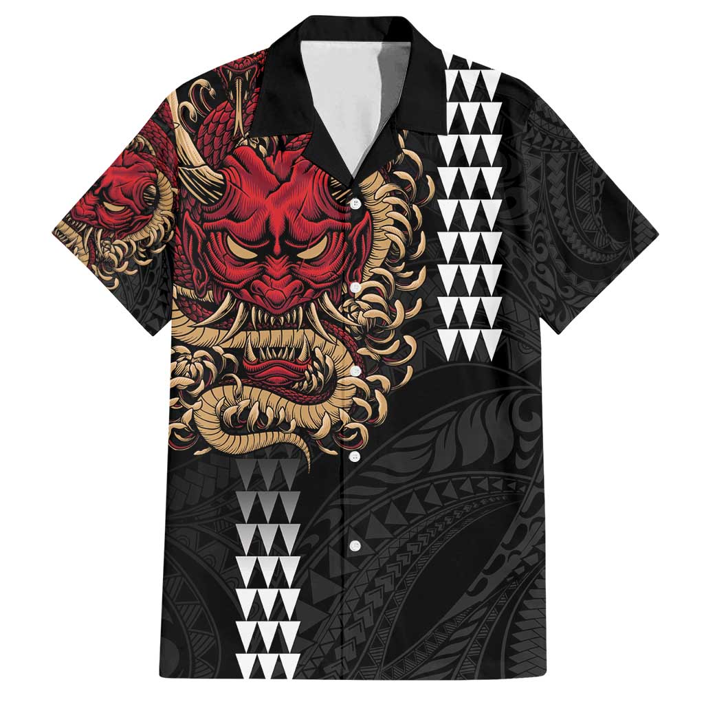 Hawaii and Japanese Oni Mask Personalised Family Matching Off Shoulder Short Dress and Hawaiian Shirt Kakau Pattern Dark Art Style