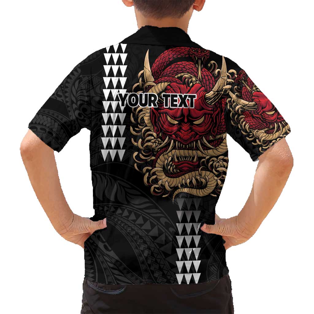 Hawaii and Japanese Oni Mask Personalised Family Matching Puletasi and Hawaiian Shirt Kakau Pattern Dark Art Style