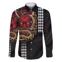 Hawaii and Japanese Oni Mask Personalised Family Matching Puletasi and Hawaiian Shirt Kakau Pattern Dark Art Style