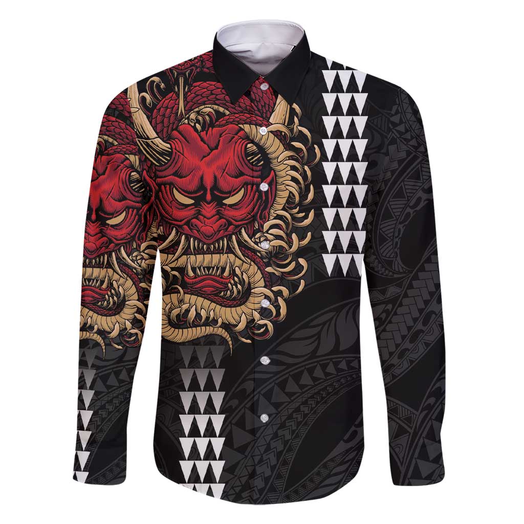 Hawaii and Japanese Oni Mask Personalised Family Matching Short Sleeve Bodycon Dress and Hawaiian Shirt Kakau Pattern Dark Art Style