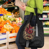 Hawaii and Japanese Oni Mask Personalised Grocery Bag Kakau Pattern Dark Art Style