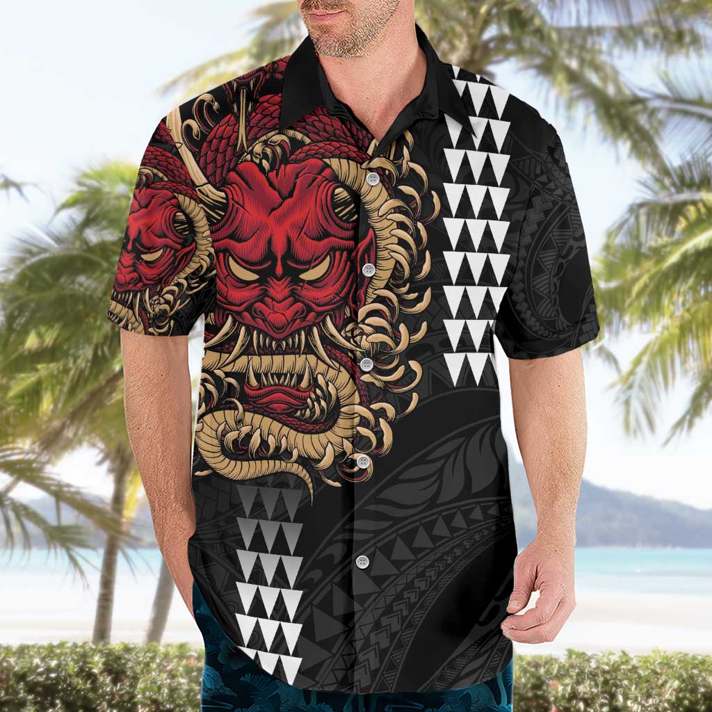 Hawaii and Japanese Oni Mask Personalised Hawaiian Shirt Kakau Pattern Dark Art Style