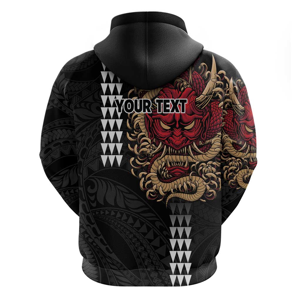 Hawaii and Japanese Oni Mask Personalised Hoodie Kakau Pattern Dark Art Style