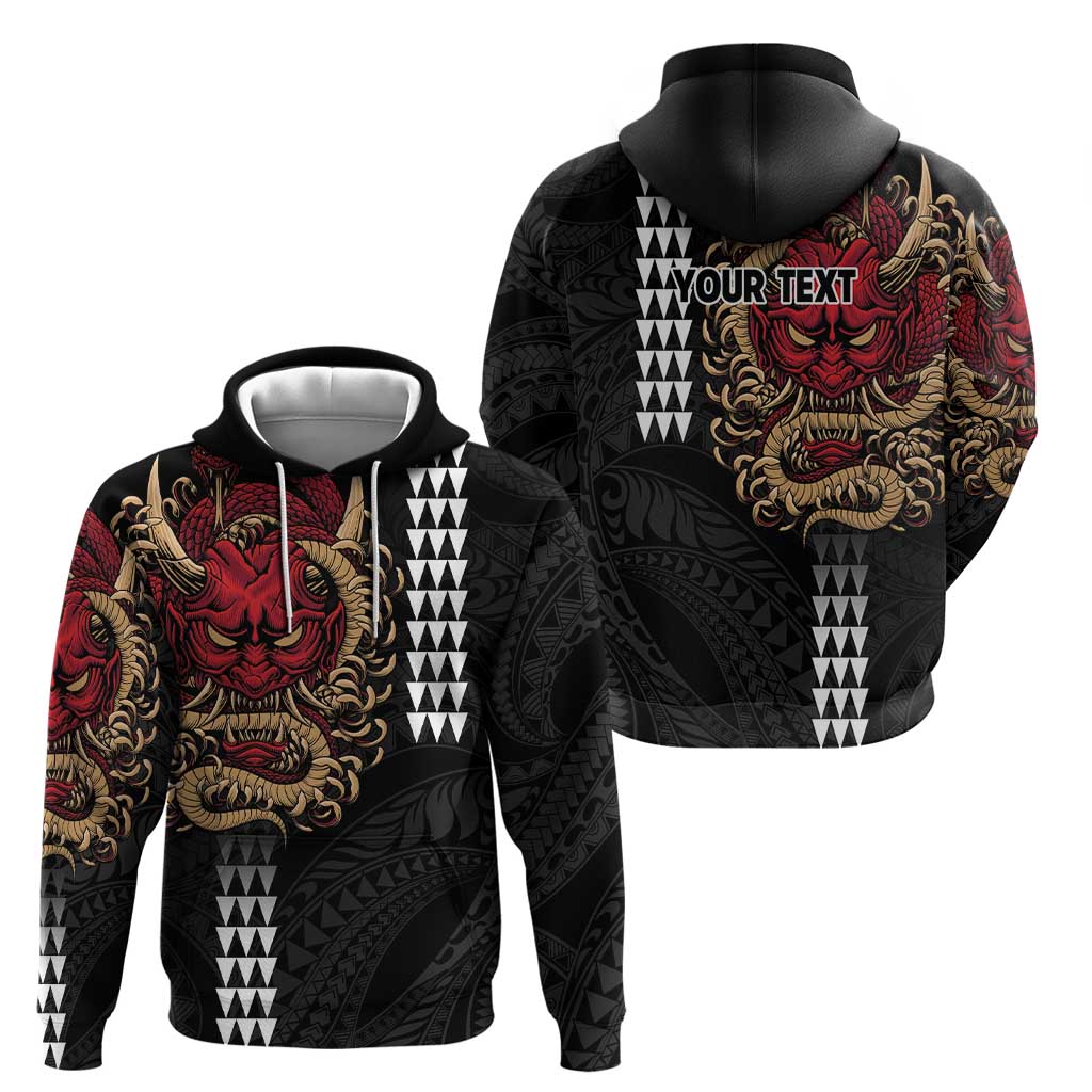 Hawaii and Japanese Oni Mask Personalised Hoodie Kakau Pattern Dark Art Style