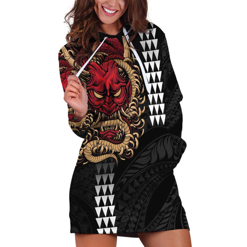 Hawaii and Japanese Oni Mask Personalised Hoodie Dress Kakau Pattern Dark Art Style