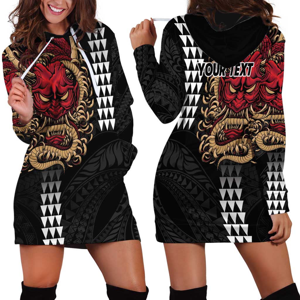 Hawaii and Japanese Oni Mask Personalised Hoodie Dress Kakau Pattern Dark Art Style
