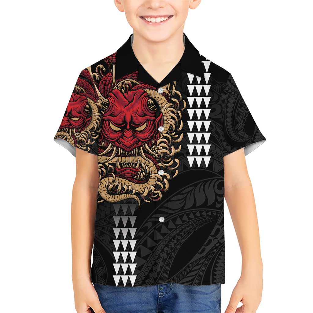 Hawaii and Japanese Oni Mask Personalised Kid Hawaiian Shirt Kakau Pattern Dark Art Style