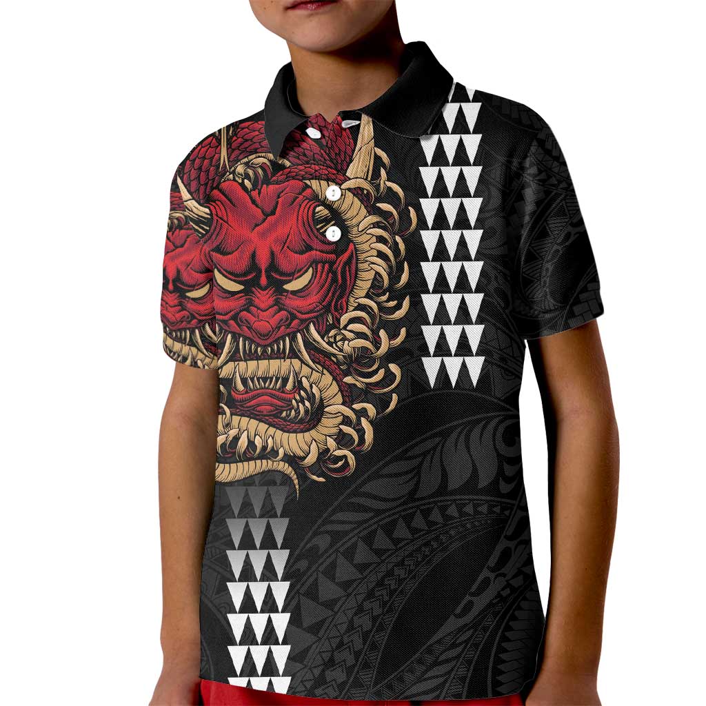 Hawaii and Japanese Oni Mask Personalised Kid Polo Shirt Kakau Pattern Dark Art Style