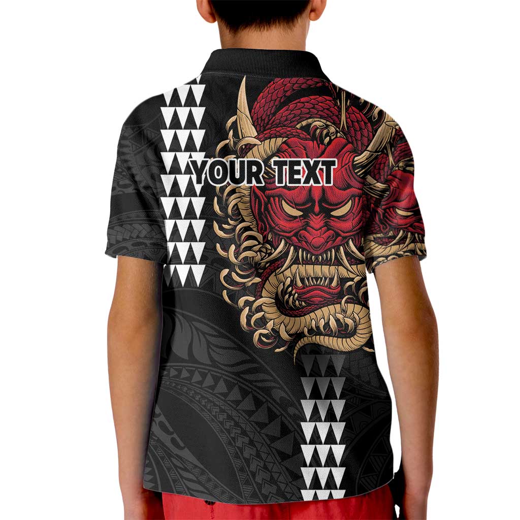 Hawaii and Japanese Oni Mask Personalised Kid Polo Shirt Kakau Pattern Dark Art Style