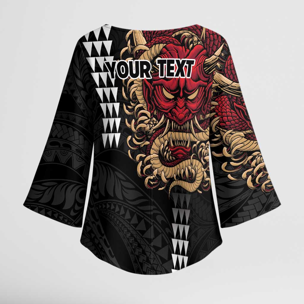 Hawaii and Japanese Oni Mask Personalised Kimono Sleeve Blouse Kakau Pattern Dark Art Style - Polynesian Pride