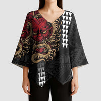 Hawaii and Japanese Oni Mask Personalised Kimono Sleeve Blouse Kakau Pattern Dark Art Style - Polynesian Pride