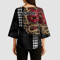 Hawaii and Japanese Oni Mask Personalised Kimono Sleeve Blouse Kakau Pattern Dark Art Style - Polynesian Pride
