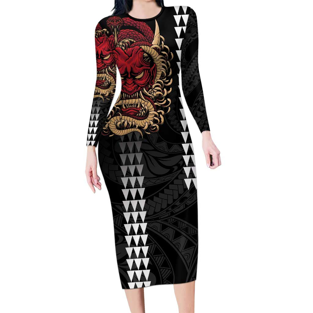 Hawaii and Japanese Oni Mask Personalised Long Sleeve Bodycon Dress Kakau Pattern Dark Art Style